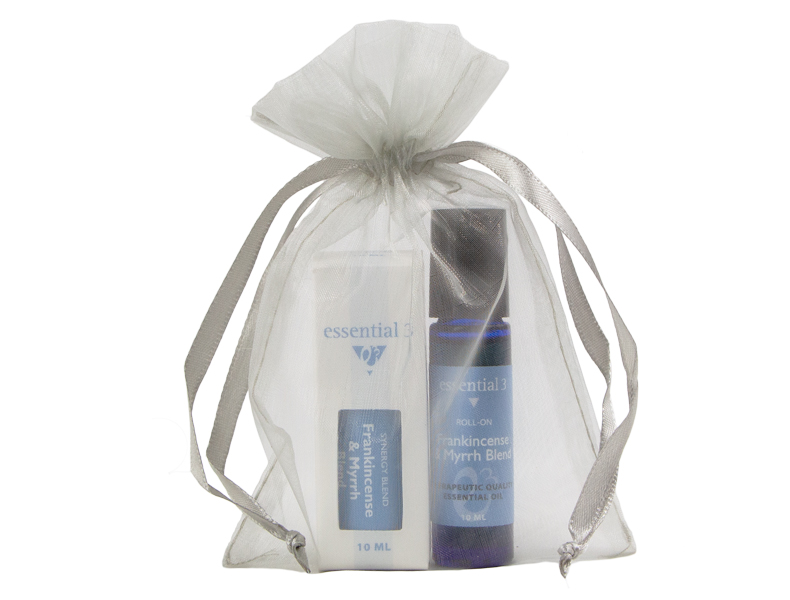 e3’s Frankincense and Myrrh blend and roll-on Gift Set includes a 10 ml bottle of Frankincense and Myrrh blend and a pre-filled Frankincense & Myrrh Roll-on.