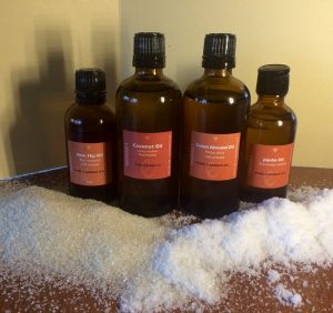 e3’s favorite, natural ingredients for our DIY face exfoliator and body scrub base recipe are: Carrier oils such as Sweet Almond, Fractionated Coconut, Jojoba, Rosehip, sugar and salt.