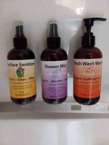 Take e3's Breathe Easy Shower Mist, Resilience Surface Sanitizer and Wash Wash Wash hand soap when you go camping!